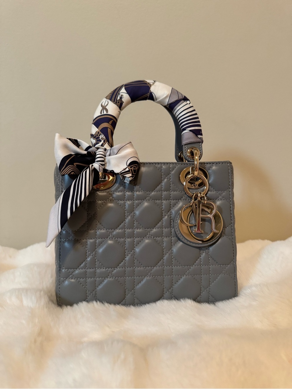 Christian Dior Grey Lambskin Cannage Small MY ABC Dior Lady Dior GHW With Twilly